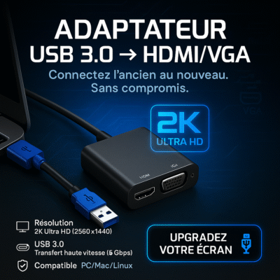 Adaptateur USB 3.0 vers HDMI/VGA – 2K Ultra HD | Plug & Play | Compatible PC/Mac